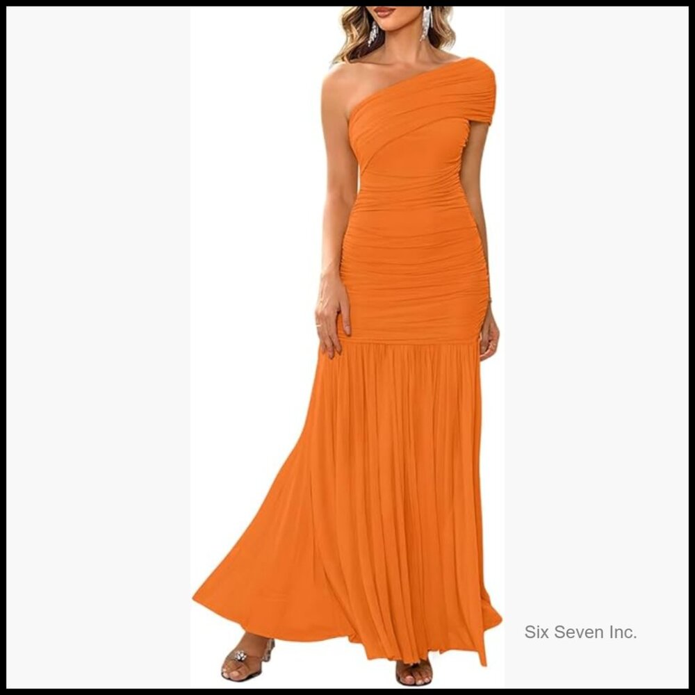 One Shoulder Ruched Bodycon Evening Dress With Mesh Fabric